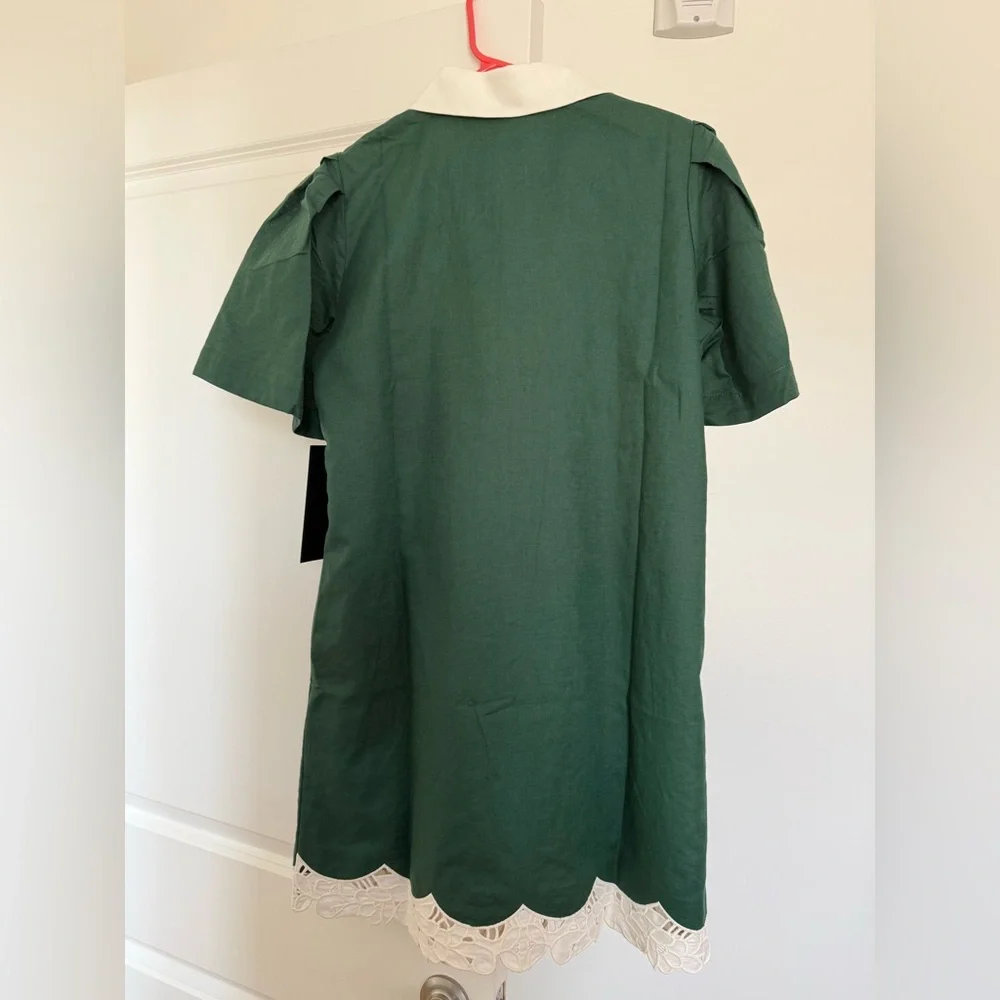 Dark Green Eyelet Trim Cotton Linen Delilah Dress - Picture 3 of 7